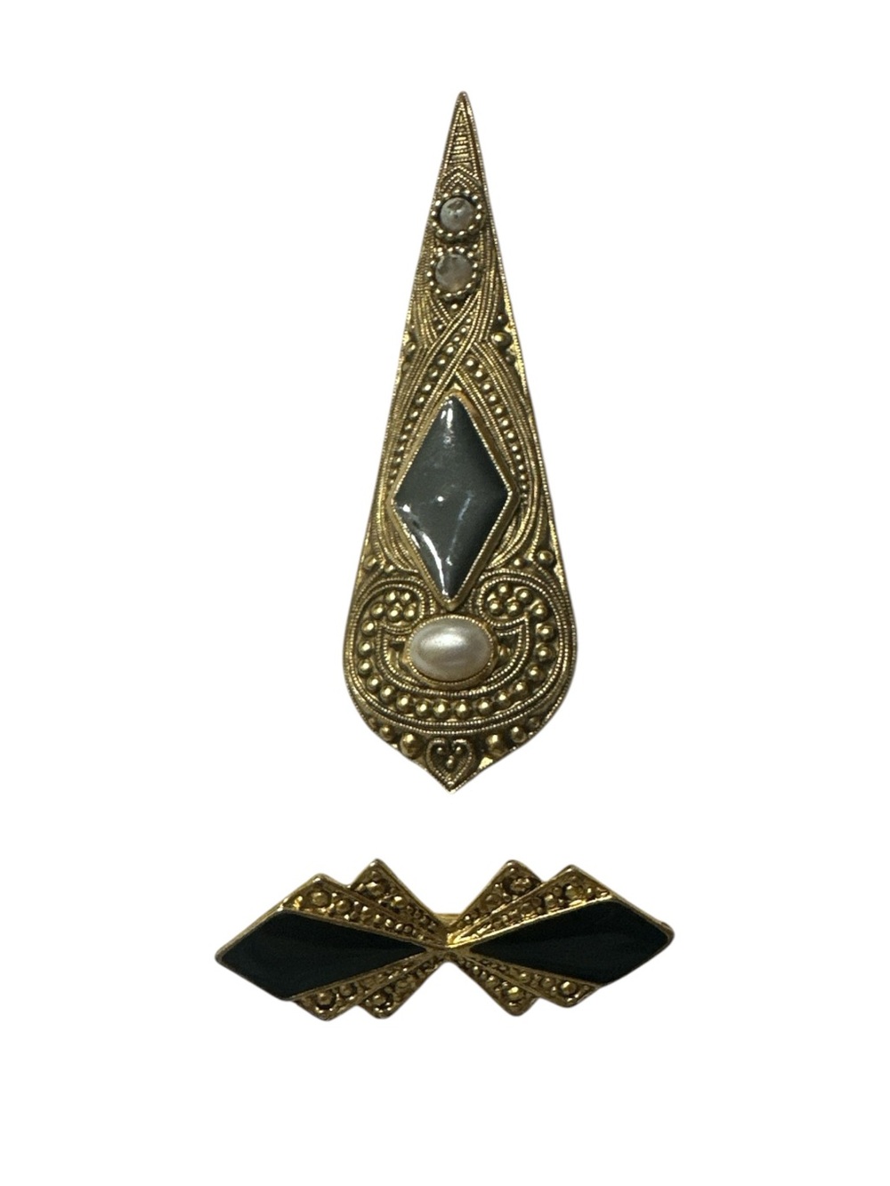 Gold Tone Black & Pearl Accent brooch set